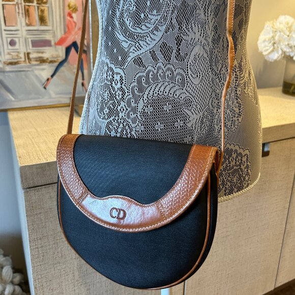 Vintage Christian Dior Black Canvas & Brown Leather Crossbody Bag - Picture 3 of 11